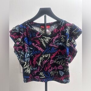 Rainbow Multicolor Graphic Crop Top NEW Size L Ruffle Sleeve Aesthetic Chic